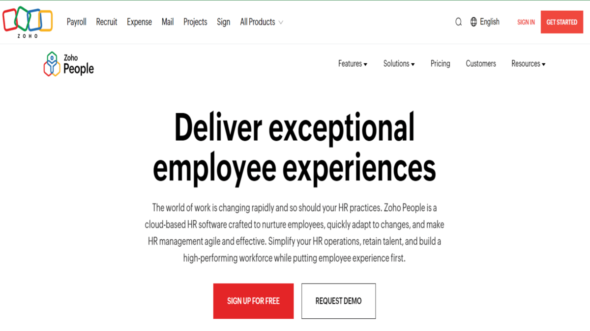 Zoho People Homepage Screenshot